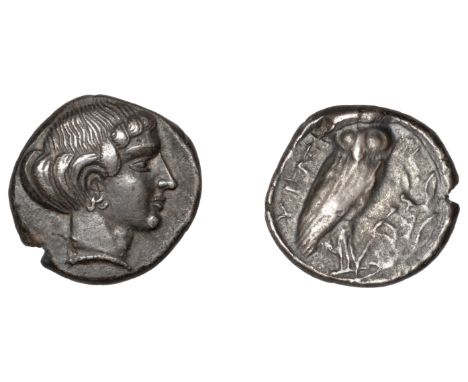 Greek Coinages, Northern Lucania, Velia, Drachm, 465-440, head of nymph right, rev. owl standing left on olive branch, υελη a