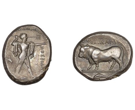 Greek Coinages, Northern Lucania, Poseidonia, Nomos, c. 410-350, ποσειδα, Poseidon standing right, casting trident, chlamys d