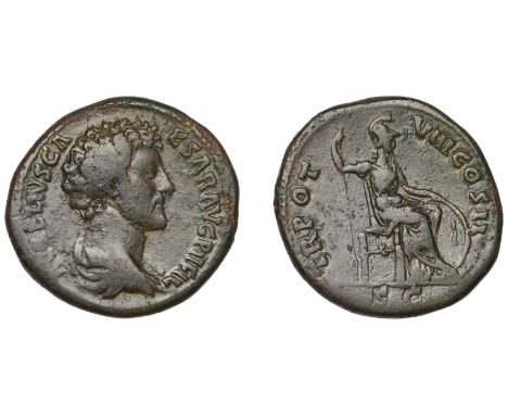 Marcus Aurelius (as Cæsar), Sestertius, 153-154, draped bust right, rev. Minerva seated left, holding spear and supporting sh