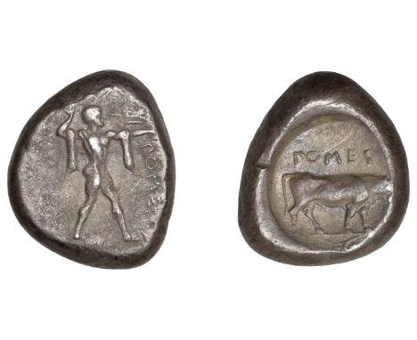 Greek Coinages, Northern Lucania, Poseidonia, Nomos, c. 470-445, πομε, Poseidon standing right, casting trident, chlamys drap