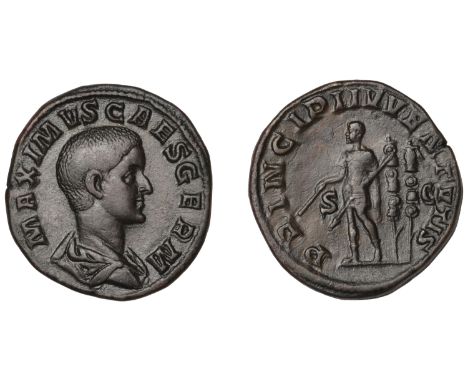 Maximus, Sestertius, 236-238, draped bust right, rev. Maximus in military attire standing left, holding baton and spear, two 