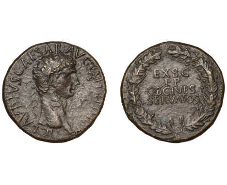 Claudius, Sestertius, Rome, c. 50-54, laureate head right, rev. ex s c p p ob cives servatos in four lines within oak wreath,
