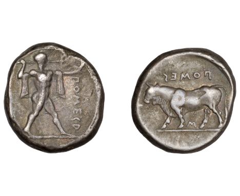 Greek Coinages, Northern Lucania, Poseidonia, Nomos, c. 420-410, ποmεsδ, Poseidon standing right, casting trident, chlamys dr