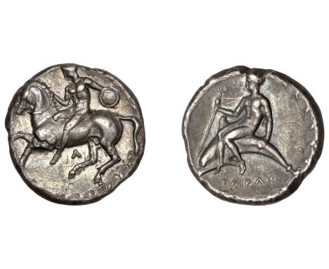 Greek Coinages, Calabria, Tarentum, Nomos, 380-340, youth on horseback left, dismounting while holding shield, wave-pattern b