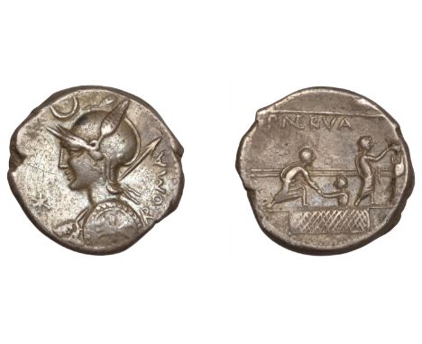 P. Nerva, Denarius, c. 113-112, helmeted head of Roma left, spear over shoulder, rev. voting scene within the comitium, 3.27g