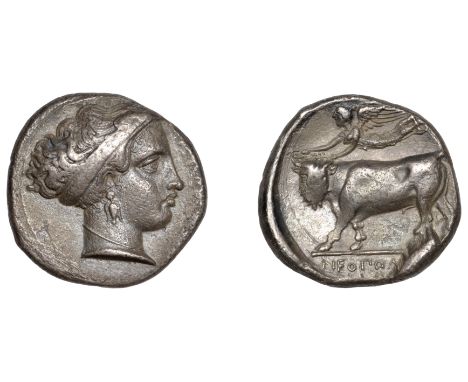 Greek Coinages, Campania, Neapolis, Nomos, 395-385, head of nymph right, hair tied up in broad band, rev. man-headed bull lef