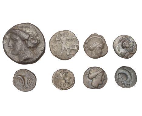 Greek Coinages, Campania, Neapolis, Obol, 420-400, helmeted head of Athena left, rev. forepart of man-headed bull right, 0.52