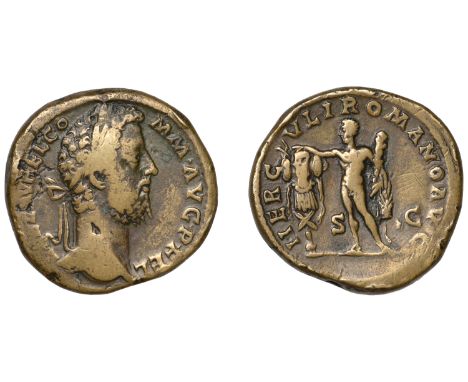 Commodus, Sestertius, 192, laureate head right, rev. hercvli romano avg, Commodus with the attributes of Hercules standing le