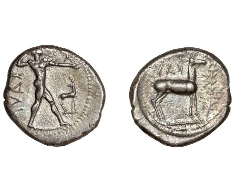 Greek Coinages, Bruttium, Kaulonia, Nomos, 475-425, Apollo walking right, καυλ to left, stag to right, rev. stag right, laure