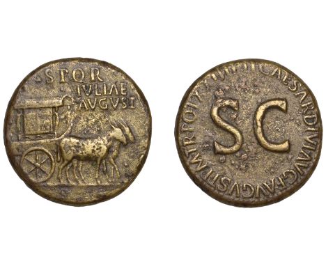 Tiberius, Sestertius, Rome, c. 22-23, carpentum drawn right by two mules, spqr ivliae avgvst, rev. ti caesar divi avg f avgvs