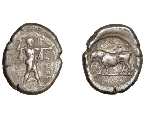 Greek Coinages, Northern Lucania, Poseidonia, Nomos, c. 445-420, πομεs, Poseidon standing right, casting trident, chlamys dra