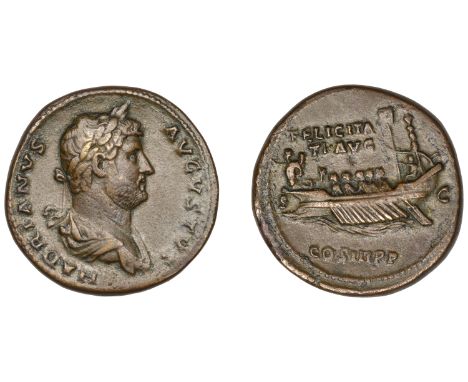 Hadrian, Sestertius, 129-130, laureate and draped bust right, rev. ship right with Triton figurehead and five rowers, two sta