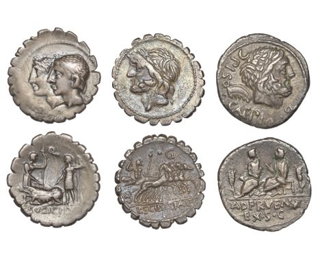 Cornelius Scipio Asiagenus, serrate Denarius, c. 106, laureate head of Jupiter left, rev. Jupiter driving quadriga right, .g 
