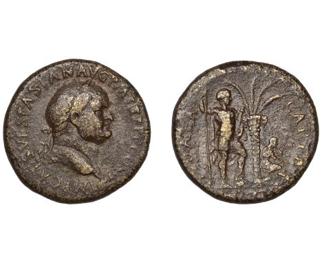 Vespasian, Sestertius, Rome, 71, laureate bust right, rev. ivdaea capta, palm tree; to left, Emperor standing right with spea