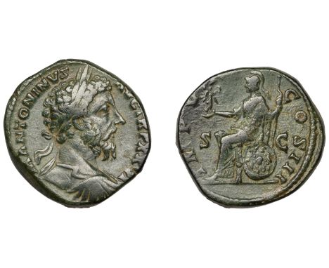 Marcus Aurelius, Sestertius, 171-172, laureate and cuirassed bust right, rev. Roma seated left on Aegis, holding Victory and 