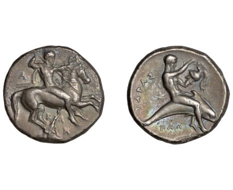 Greek Coinages, Calabria, Tarentum, Nomos, 340-325, by the moneyer Kal[–], youth on horseback left, holding shield and prepar