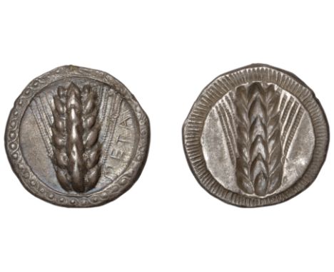 Greek Coinages, Southern Lucania, Metapontion, Nomos, c. 510-470, medium incuse (class ix), meta, ear of barley with six grai