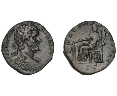 Septimius Severus, Sestertius, 196, laureate and cuirassed bust right, rev. Fortuna seated left, holding rudder set on globe 