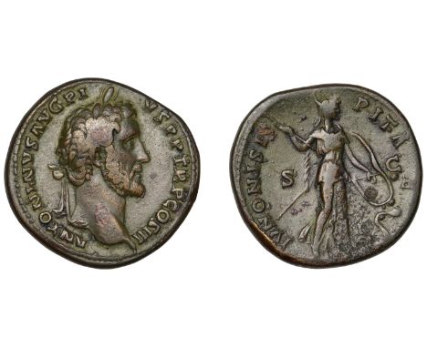 Antoninus Pius, Sestertius, Rome, 143, laureate head right, rev. Juno Sospita standing right, holding spear and shield, serpe
