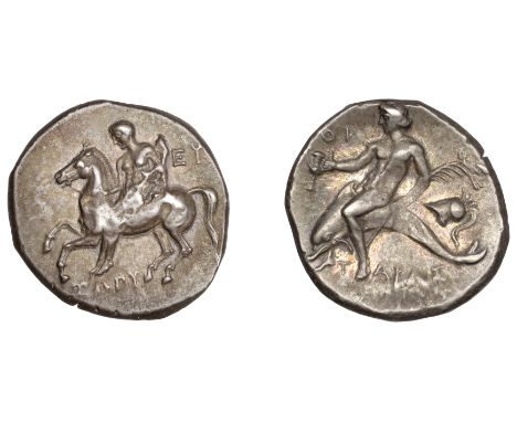 Greek Coinages, Calabria, Tarentum, Nomos, 280-272, youth on horseback left, ευ behind, iωπυ below, rev. dolphin-rider left, 