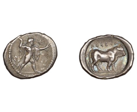 Greek Coinages, Northern Lucania, Poseidonia, Diobol, c. 410-350, πομεs, Poseidon standing right, casting trident, chlamys dr