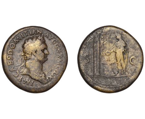 Domitian, Sestertius, 85, laureate head right, rev. Emperor sacrificing over lighted alter, shrine of Minerva behind, 25.15g 