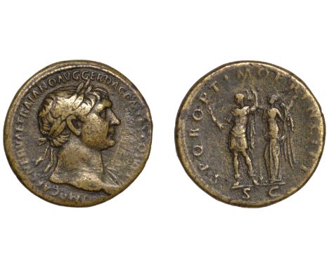 Trajan, Sestertius, 107-110, laureate bust right, draped over far shoulder, rev. Trajan standing left with attributes of Jupi