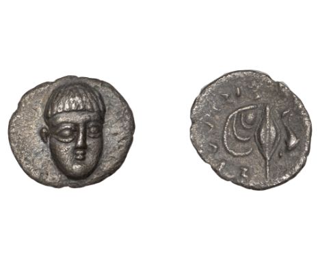Greek Coinages, Campania, Phistelia, Obol, 325-275, male head facing slightly right, rev. dolphin, barley grain and mussel sh