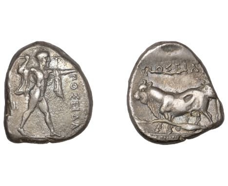 Greek Coinages, Northern Lucania, Poseidonia, Nomos, c. 420-410, ποσειδα, Poseidon standing right, casting trident, chlamys d