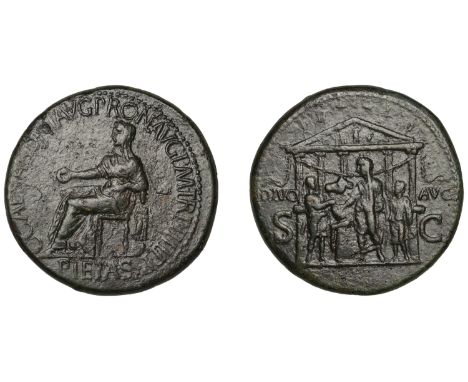 Gaius (Caligula), Sestertius, Rome, 39-40, Pietas, veiled and draped, seated left on ornate chair, holding patera, resting el