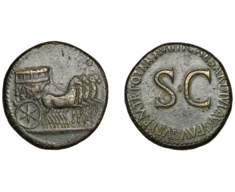 Tiberius, Sestertius, 35-36, empty triumphal quadriga right, car decorated with scene of Victory erecting trophy, rev. ti cae