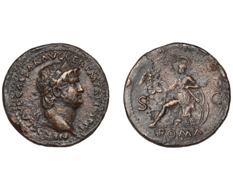 Nero, Sestertius, Rome, 66, laureate bust right, rev. Roma seated left on cuirass, holding Victory and spear, shields on grou