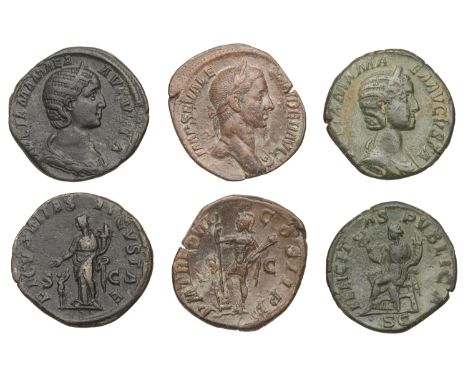 Severus Alexander, Sestertius, 228, laureate head right, rev. Mars standing left, 18.39g (RIC 477; RCV 7995); Julia Mamæa, Se