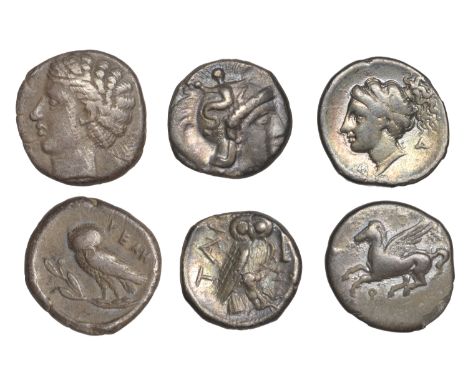 Greek Coinages, Calabria, Tarentum, Drachm, 302-280, helmeted head of Athena right, rev. owl standing right, tαρ above, io an