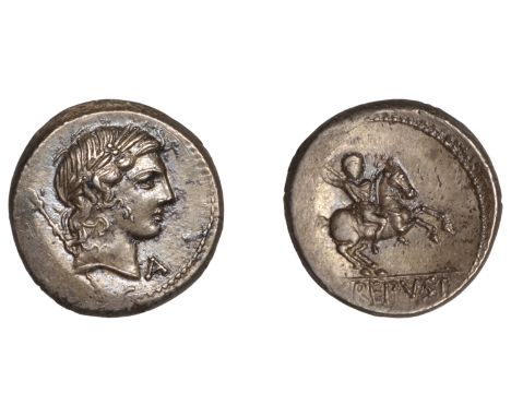 P. Crepusius, Denarius, c. 82, laureate head of Apollo right, transverse sceptre running behind shoulder, a below chin, rev. 