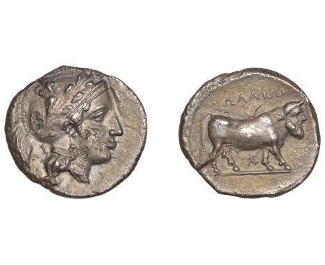 Greek Coinages, Campania, Nola, Nomos, 400-385, head of Athena right wearing crested helmeted ornamented with owl and laurel 