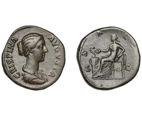 Crispina, Sestertius, 178-191, bust right, hair waved, rev. Salus, draped, seated left, feeding from patera in right hand, sn