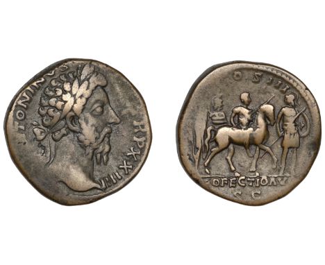 Marcus Aurelius, Sestertius, 170, laureate head right, rev. Emperor on horseback right carrying lance, in front soldier holdi