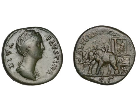 Diva Faustina Senior (d. 141), Sestertius, Rome, after 141, draped bust right, hair coiled on top of head, rev. Empress seate