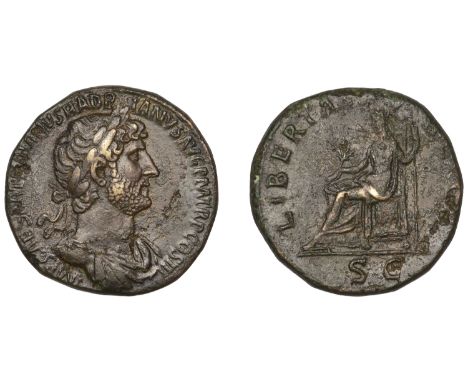 Hadrian, Sestertius, 119-123, laureate and draped bust viewed from the front, rev. Libertas enthroned left, holding branch an