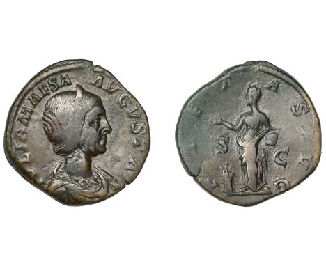 Julia Maesa, Sestertius, c. 218-220, draped and diademed bust right, rev. Pietas standing left, holding incense box, altar by