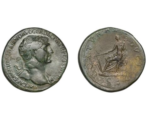 Trajan, Sestertius, 113, laureate bust right, draped over far shoulder, rev. Fortuna seated left, holding rudder and cornucop