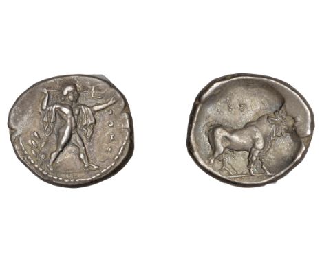Greek Coinages, Northern Lucania, Poseidonia, Diobol, c. 410-350, πομεs, Poseidon standing right, casting trident, chlamys dr