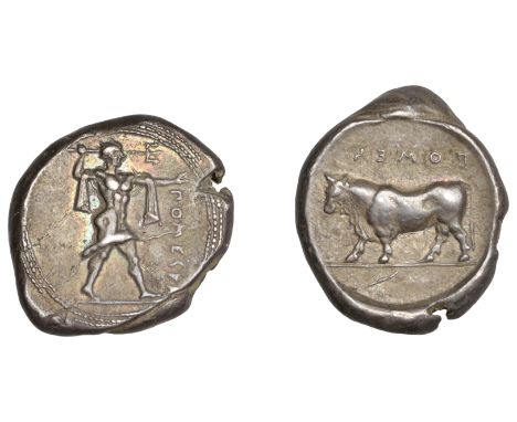 Greek Coinages, Northern Lucania, Poseidonia, Nomos, c. 445-420, ποmεsδα, Poseidon standing right, casting trident, chlamys d