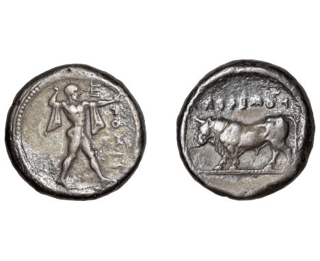 Greek Coinages, Northern Lucania, Poseidonia, Nomos, c. 445-420, πομεs, Poseidon standing right, casting trident, chlamys dra