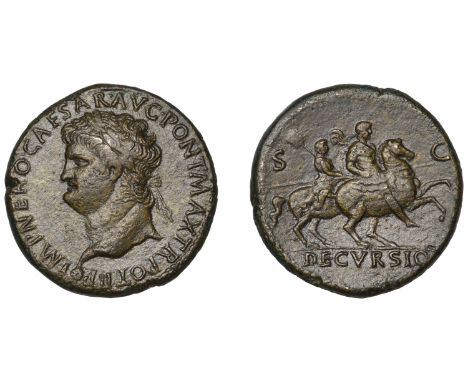 Nero, Sestertius, Lugdunum, 62-68, laureate head left, rev. Nero riding right, attendant behind holding vexillum, decvrsio in