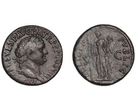 Titus, Sestertius, 80-81, laureate head right, rev. Felicitas standing left, holding sceptre and cornucopia, s c in field, 24