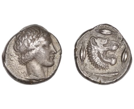 Greek Coinages, Sicily, Leontini, Tetradrachm, c. 430, laureate head of Apollo right, ivy branch behind, rev. lion’s head rig