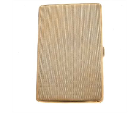 A 1920s 9ct gold cigarette case, of rectangular outline, with engine-turned decoration and push piece clasp, hallmarks for Wi