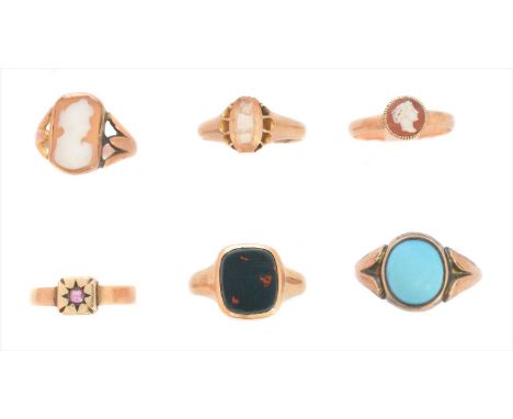 A selection of gem set rings, to include a 9ct gold topaz single stone ring, a 9ct gold bloodstone signet ring, a ruby dress 